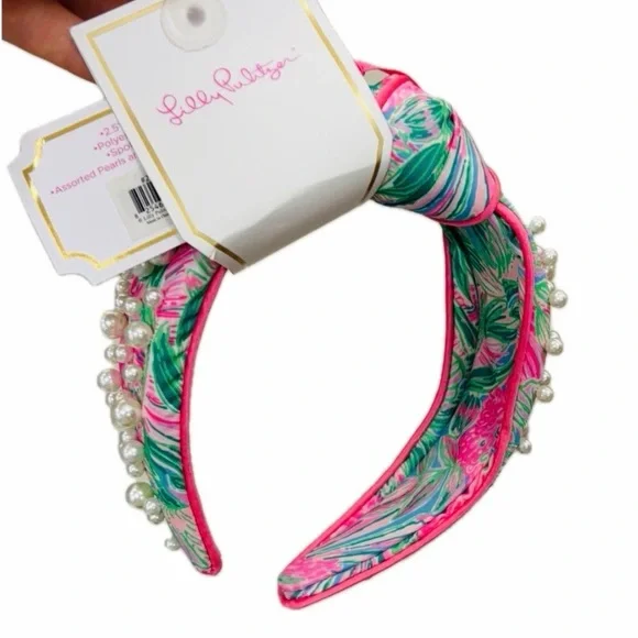 NWT ⚜️💖⚜️ Lilly Pulitzer Knotted Wide Satin Pearl Headband Coming In Hot - Picture 2 of 8